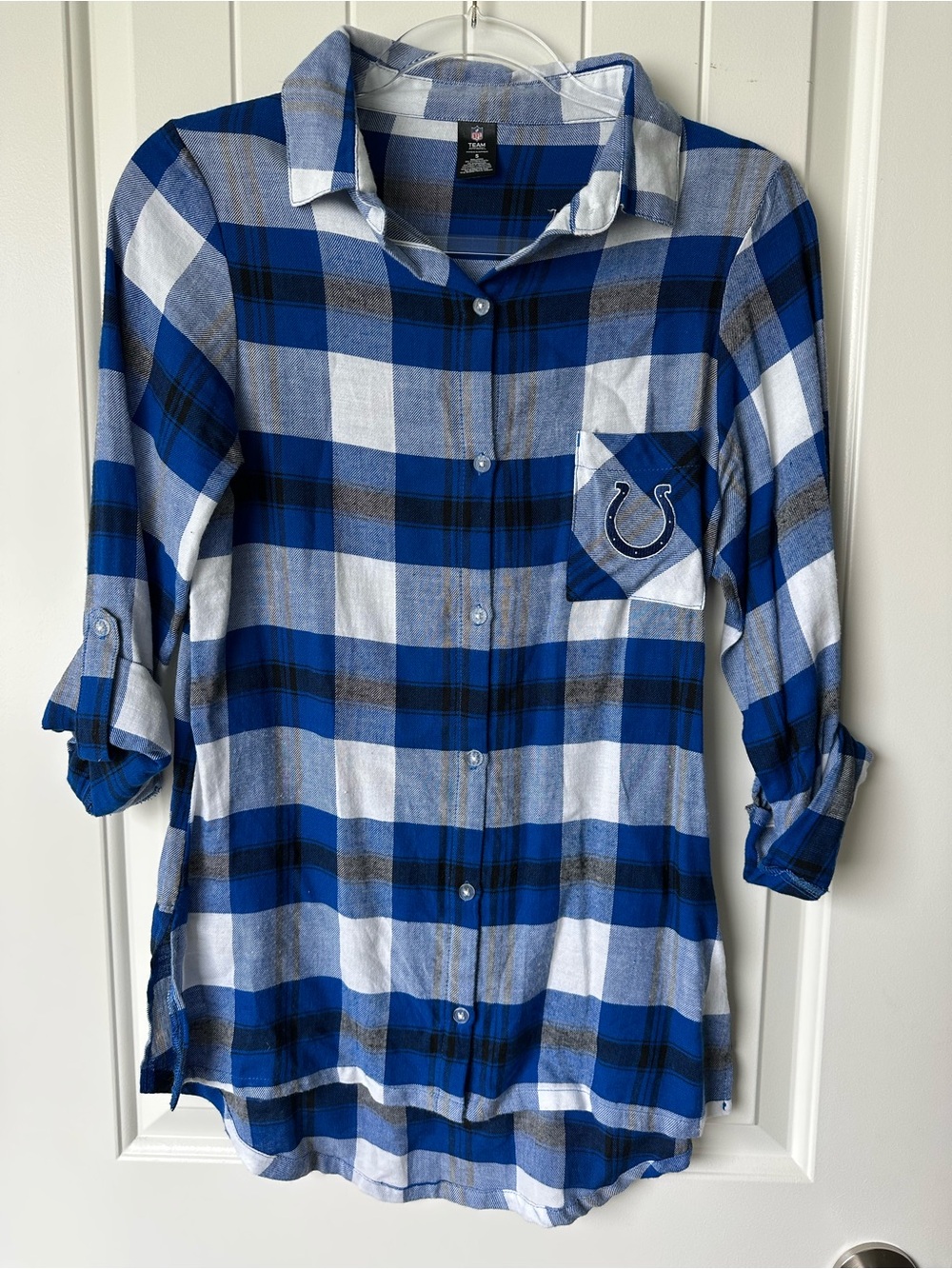 NFL Indianapolis Colts Blue, White & Gray Plaid Women's Sleepwear Button-Up